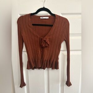 ZARA blouse brown ruffle long sleeve flower tie front size S